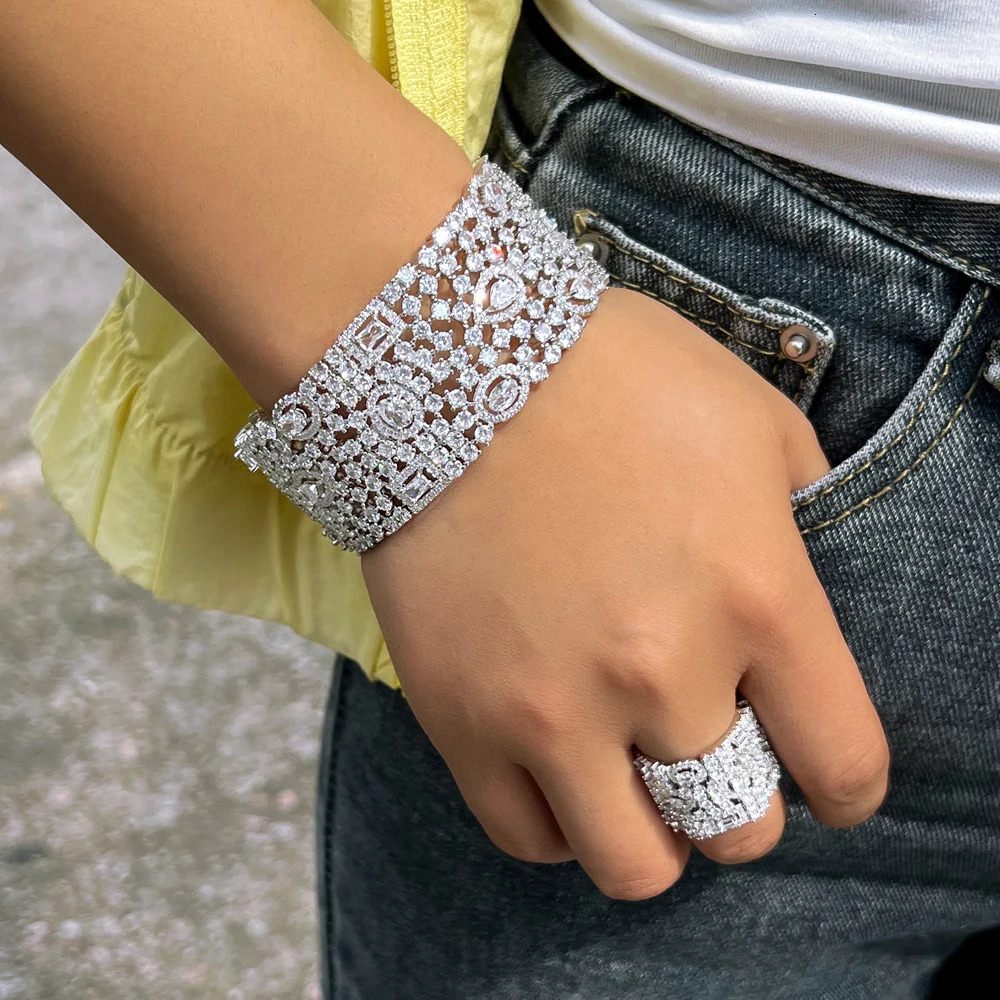CWWZircons Chunky Cubic Zirconia Inlay Wide Big Open Cuff Bangle and Ring Dubai Wedding Bridal Party Jewelry Sets T749 250409
