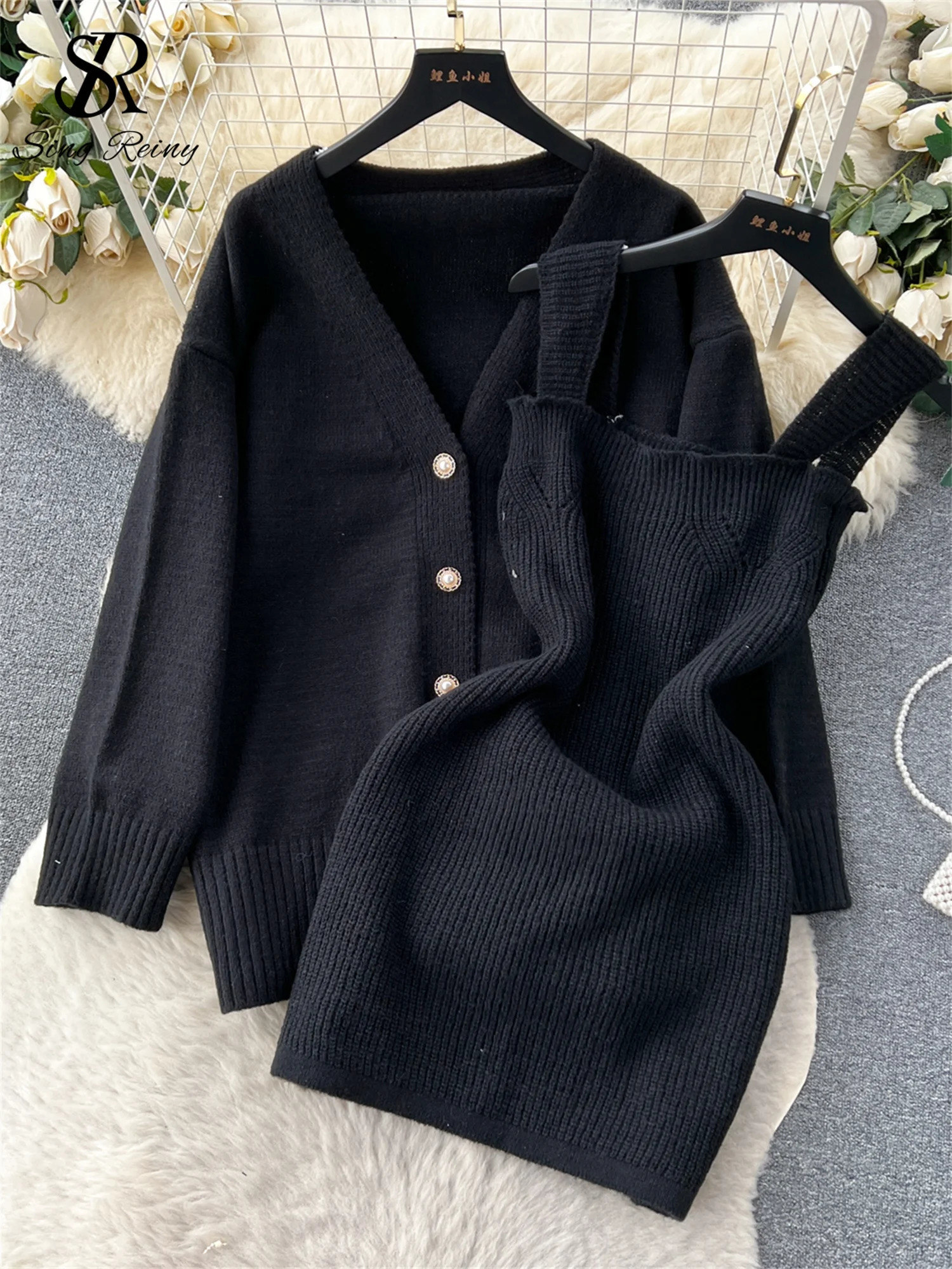 SINGREINY Fashion Korean Style Knitted Suits Casual Loose Cardigan Slim Mini Sweater Dress Autumn Women Warm Two Piece Sets 251110