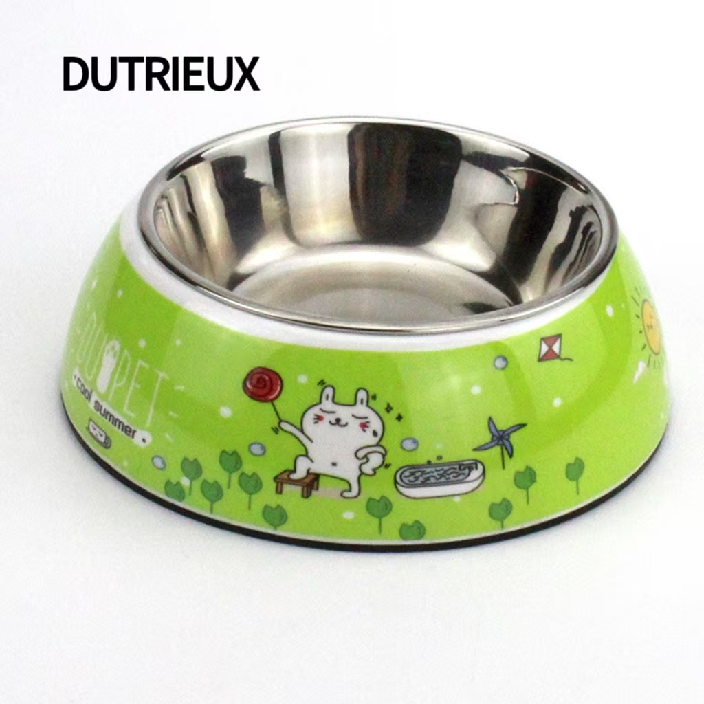 H1378 Wholesale pet tableware, stainless steel double bowls, non-slip food bowls, cartoon printed dog and cat bowls, logo customization available.