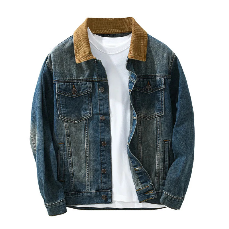 Mens patchwork denim jacket vintage American casual workwear youth hardship old wash denim jacket top 250410