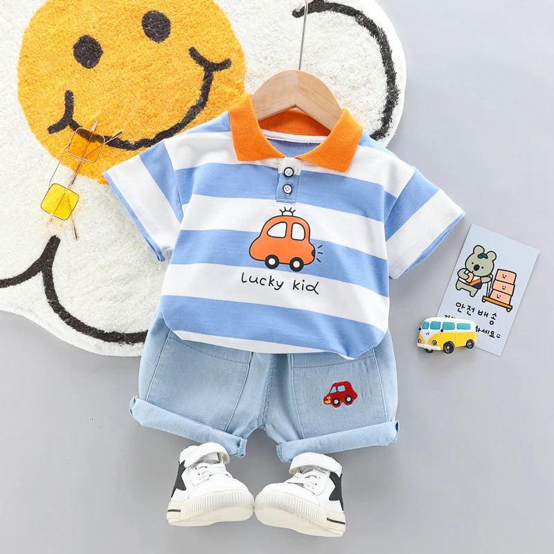 High quality baby boy polo shirthandsome denim shorts 2-piece set childrens and girls clothing summer set 250409