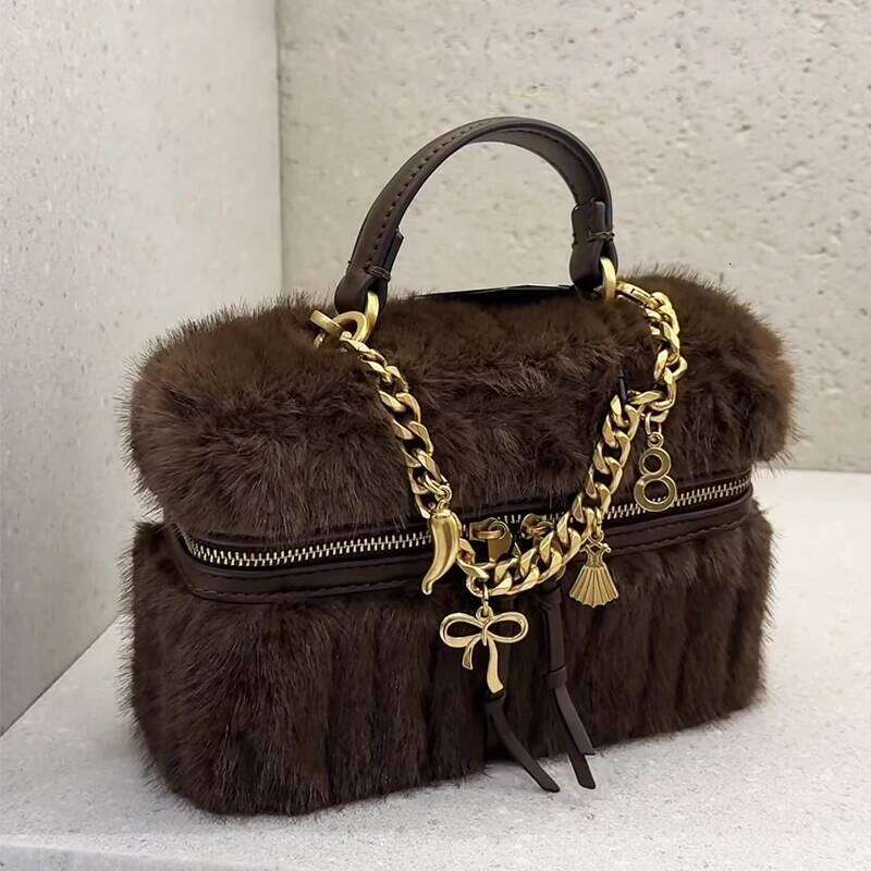 Faux Mini Box Bags For Women Luxury Designer Handbag And Purse 2025 New In Polyester Imitation Rex Rabbit Fur Chain Shoulder