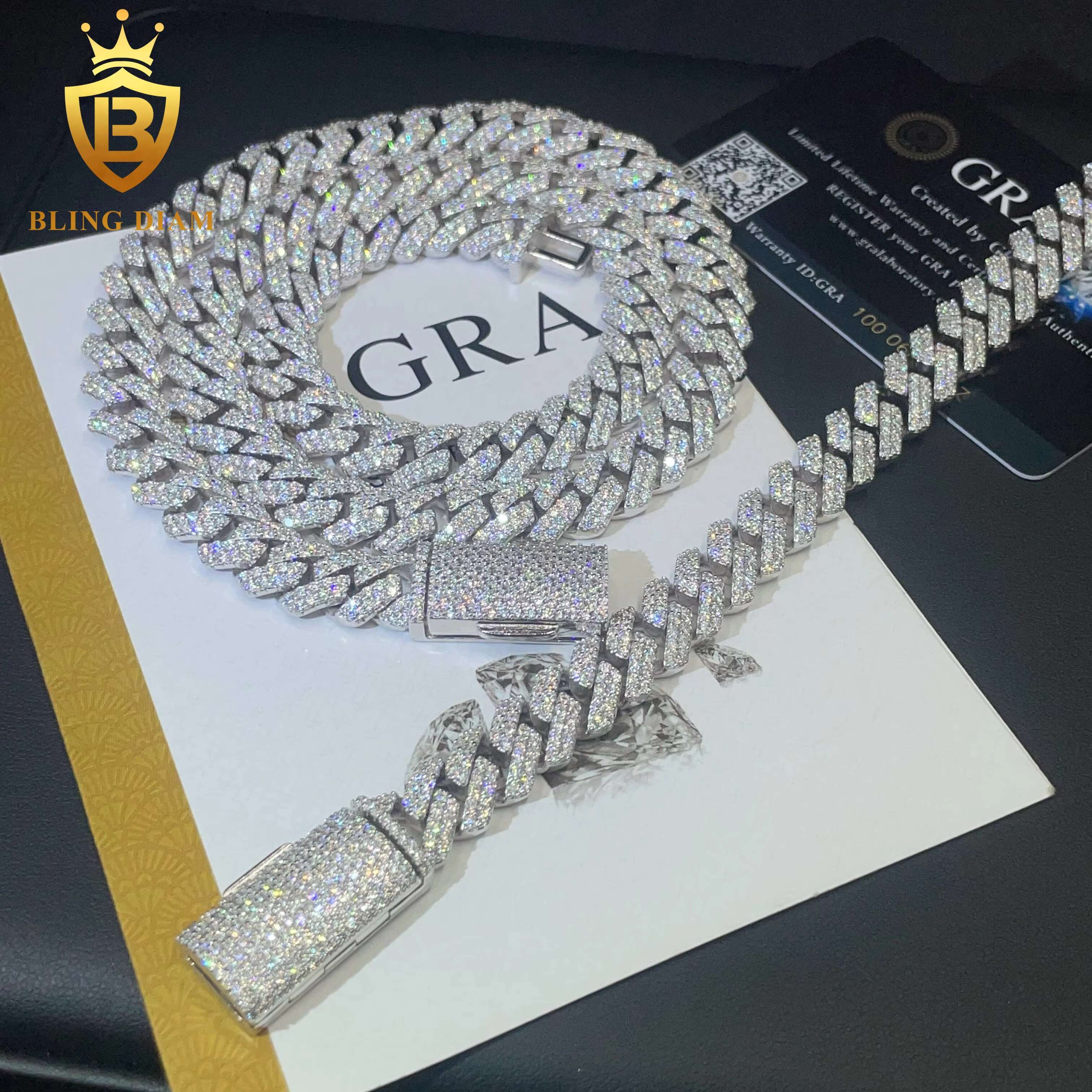 Factory Direct Wholesale Moissanite Cuban Chain Bracelet Necklace Hip Hop Style VVS Diamond 2 Rows Sizes 12mm 925 Silver Men
