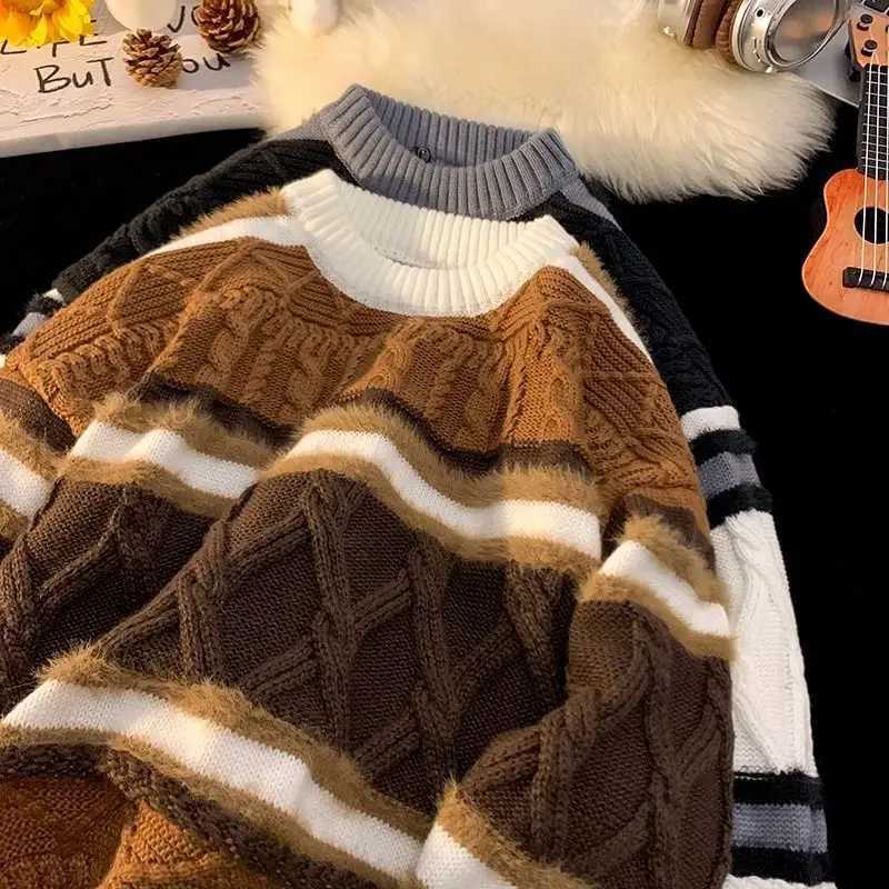 Fashion American autumn and winter street fashion personalized jacquard round neck pullover for couples loose retro color blocked knit Y251110