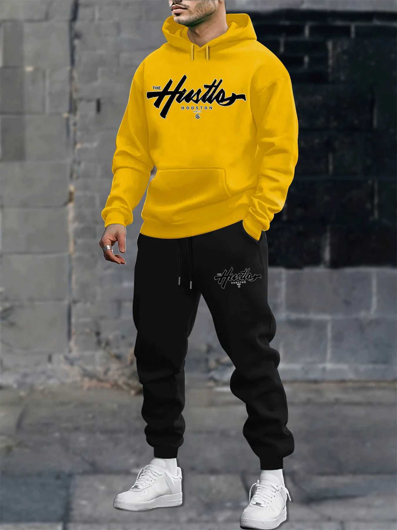 Mens autumn and winter casual fashion warm Houston letter printed loose plush thick hooded sweatshirtsweatpants set W251110