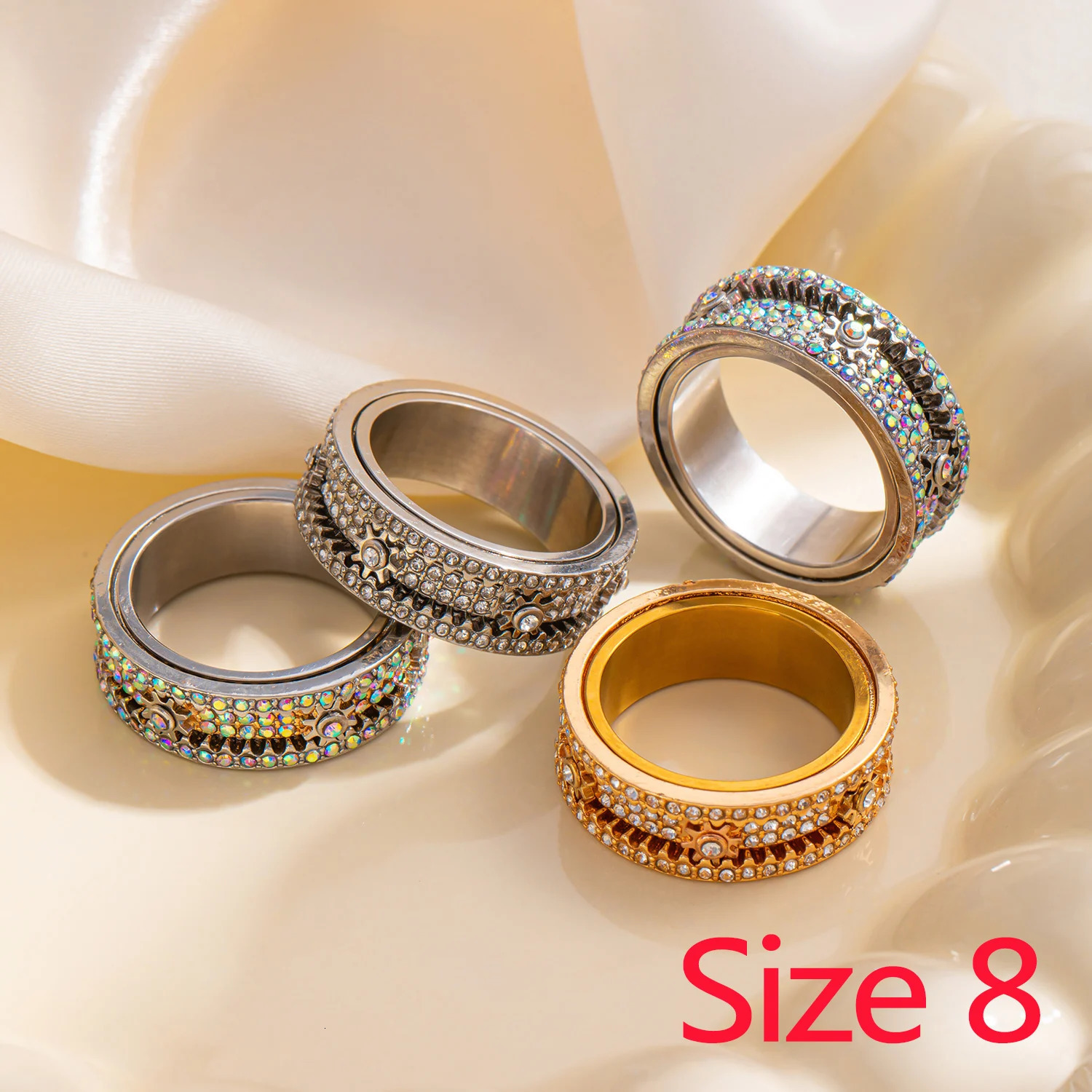 Spinner Zircon Rings For Men Women Full Rhinestone Stainless Steel Rotatable Finger Ring Anxiety Relief Stress Jewelry Gifts 251110