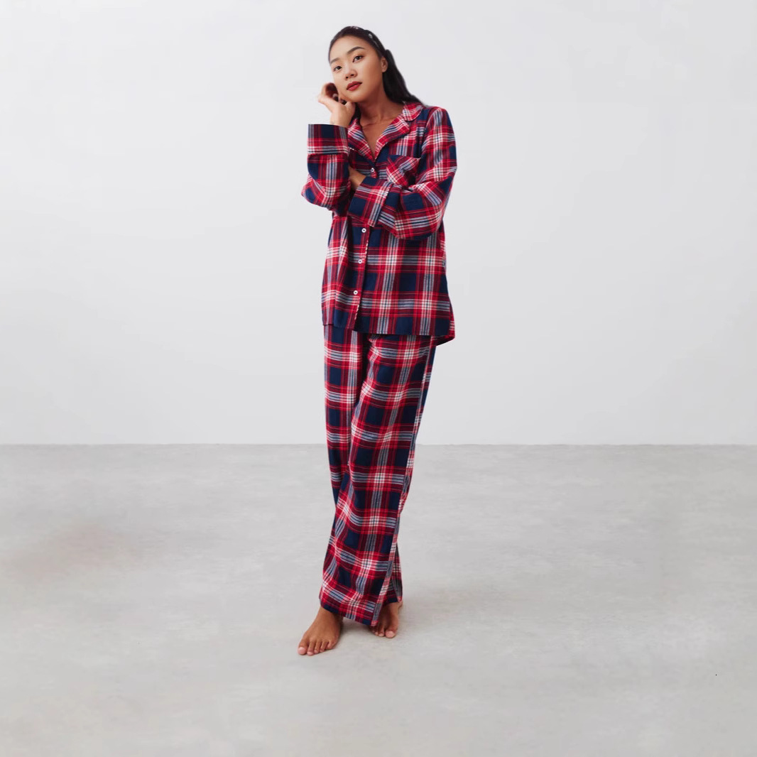 Womens 2-piece solid color/checkered pajama set with feather long sleeved lapel button top and sleepwear 241203