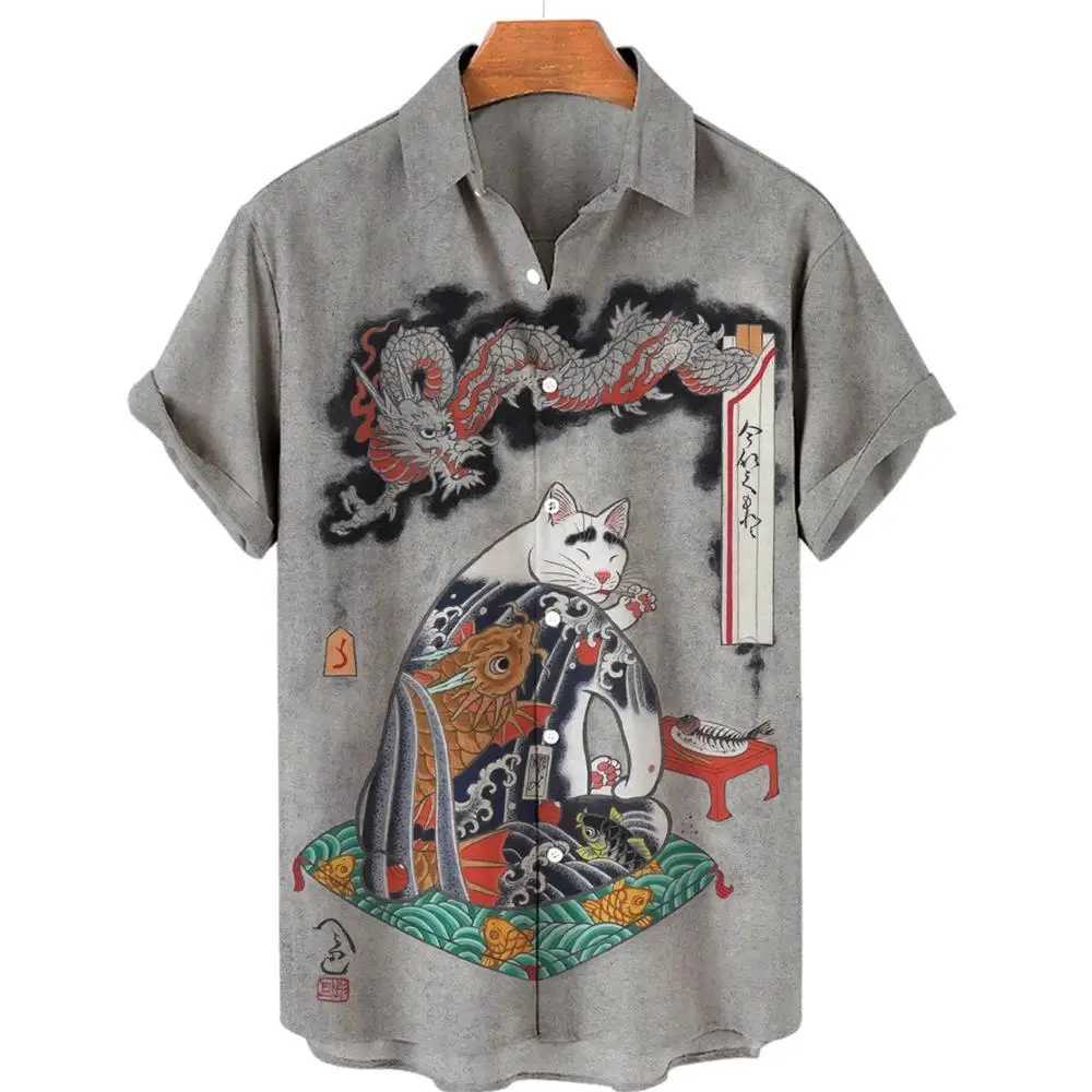Japanese Art Samurai Cat Pattern Printed Short Sleeve Mens Casual Comfortable Collar Button X250410
