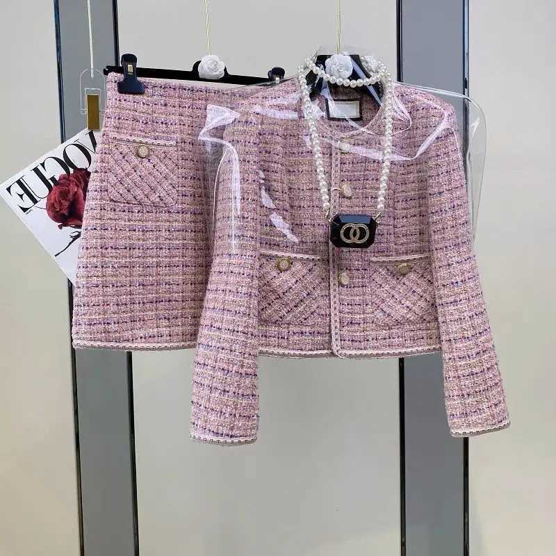 Women Elegant Vintage Tweed Fragrant Y2K Suit Jacke Coat Top And Skirt Two Piece Set Outfit Winter Jacquard Party Chic Clothing W251110