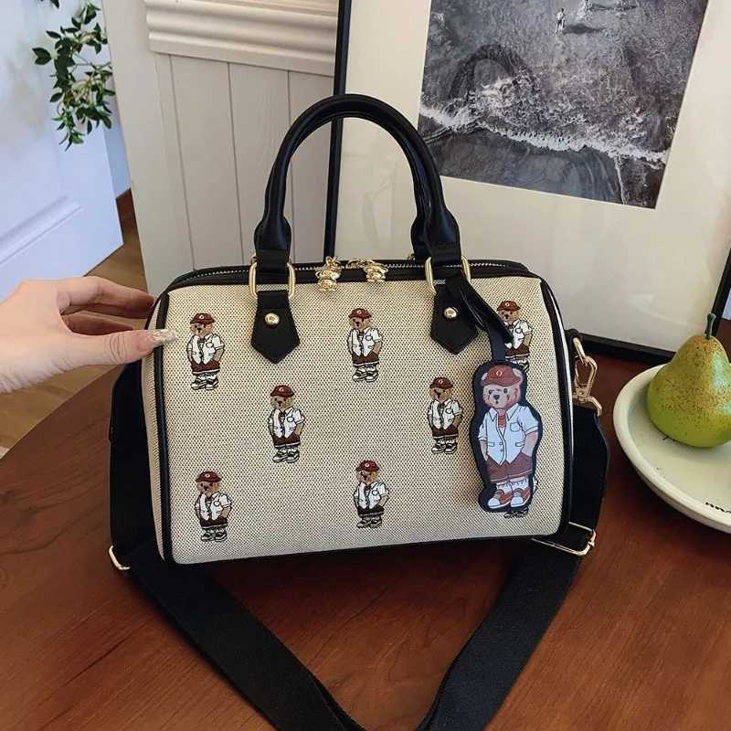Canvas Handbag Jacquard Embroidery Cartoon Bear Boston Ladies Pillow Bag Practical Large Capacity Shoulder Bag Crossbody Bag K251110