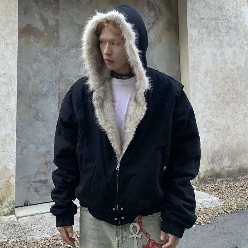 American Retro Woolen Collar Hooded Cotton Winter Thick Plush Top Men Street Hip-Hop Gothic Haruku Oversize Jacket Coat