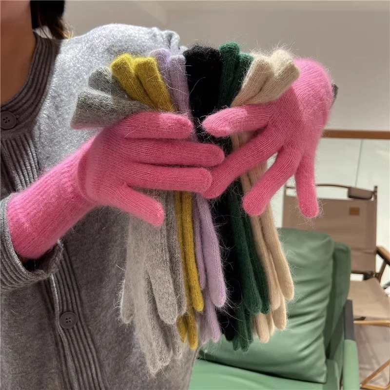 Solid Color Five-fingered Gloves Autumn Winter Warm Gloves Extended Elbow INS Style Fashion Girls Gloves Rabbit Fur Knitted 251106