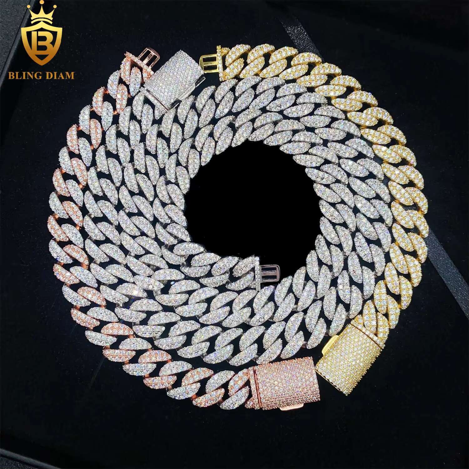 12mm Hip Hop Miami Cuban Link Chain 2Rows 925 Silver Vvs Moissanite Iced Out Gold Plated Promotions and Discounts