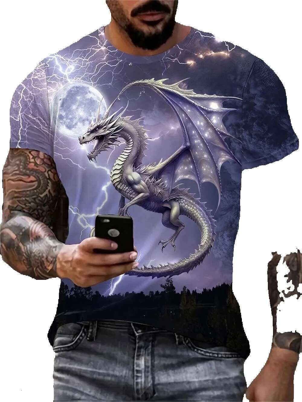 3D dragon print Haruku Street short sleeved round neck fashionable and personalized men's T-shirt, oversized casual T-shirt top