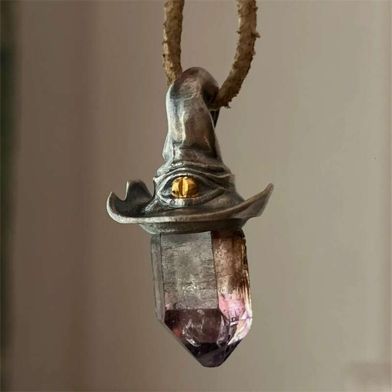 Cross-Border Yuji Retro Style Natural Amethyst Hexagonal Pillar Witch Hat Unique and Simple Niche Pendant