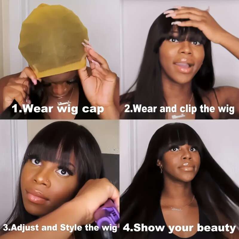 Sliky Straight With Bangs None Lace Front Unprocessed Virgin Human Hair Wigs Hine Made Glueless Wig Full Density Halloween Thanksgiving Christmas Vale