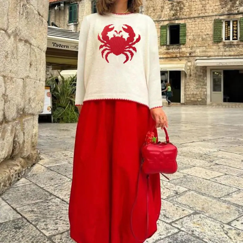 Combhasaki Women Graphic Casual Sweater Y2K Crab/Lobster Pattern Crew Neck Long Sleeve Pullover Knitwear Tops Streetwear 251105