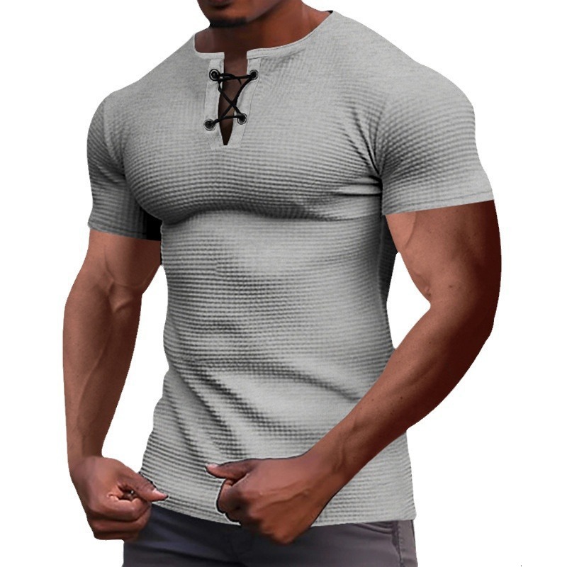 2024 summer sports slim fit mens short sleeved T-shirt breathable mens tied rope Henry shirt top