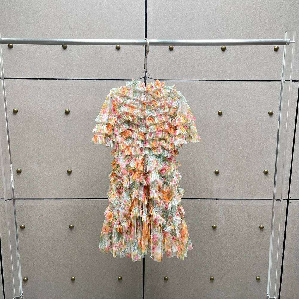 Layered Mesh Women's Y2k Fashion Printed Temperament Elegant Commuter Short Sleeve Round Neck Dress 2025 Summer New