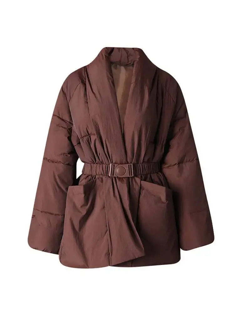 DEAT Fashion Brown Cotton-padded Coat Womens V-neck Loose Big Pockets Sashes Thick Warm Jacket Winter 251107