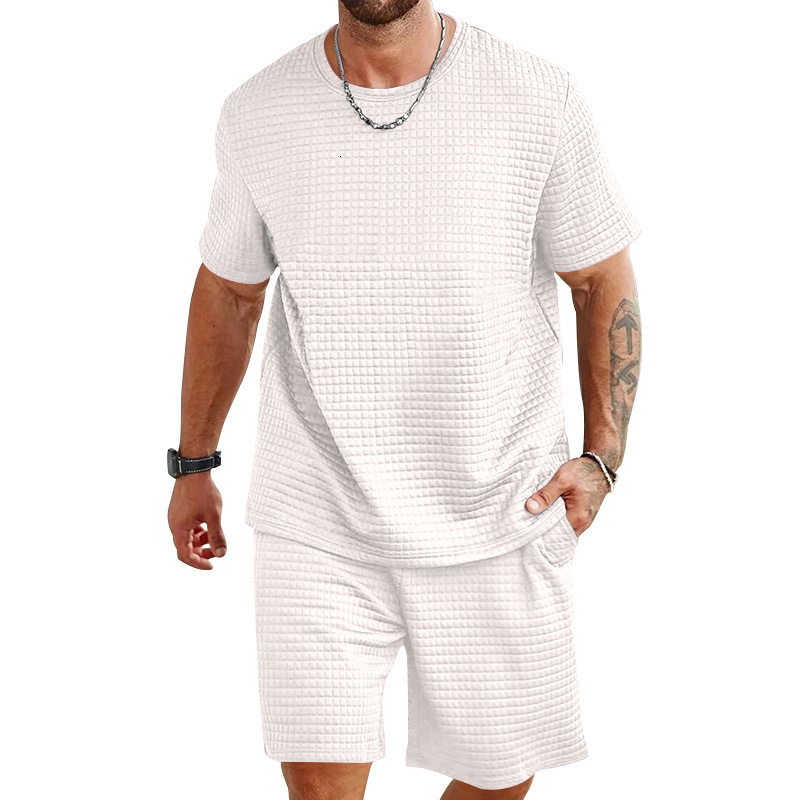 Leisure sports suit summer loose ice silk short sleeved T-shirt mens shorts handsome short sleeved two pieces