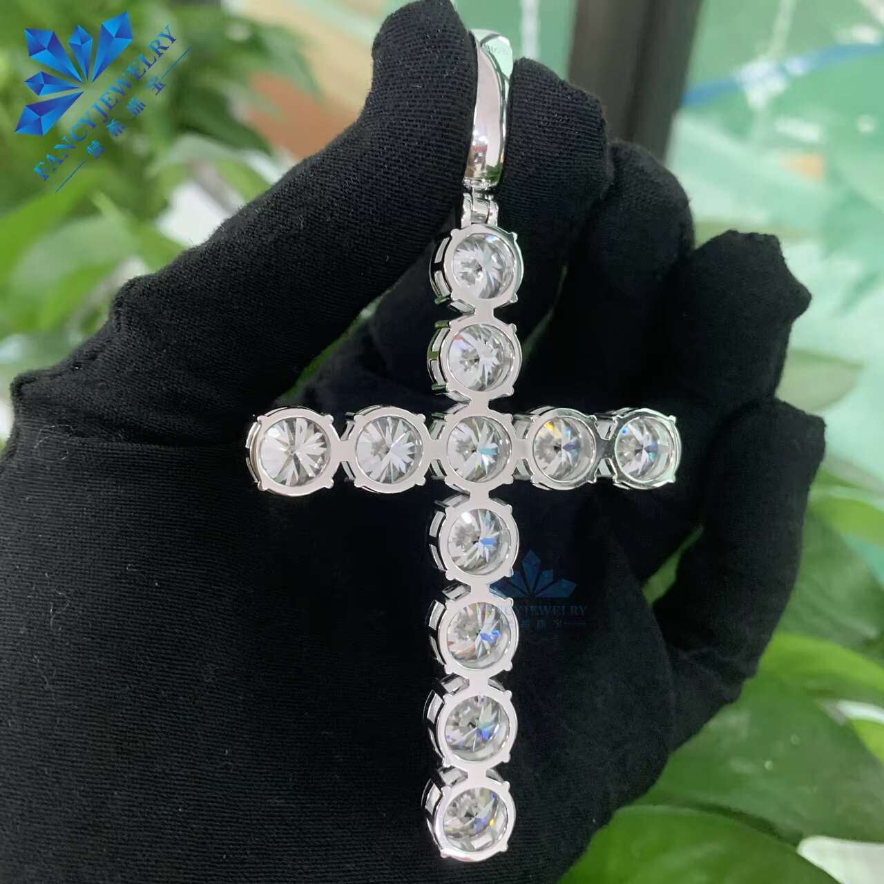 Fashion Style 10mm 925 Solid Silver White Gold Plated Iced Out Hip Hop VVS1 Moissanite Diamond Cross Pendant Chain