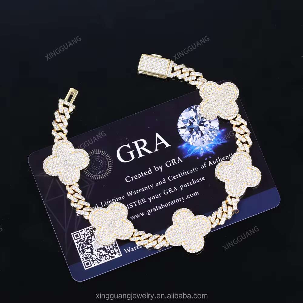 Hip Hop Jewelry 18k Gold Plated 925 Sterling Silver VVS Moissanite Clover Bracelet with GRA Certificate