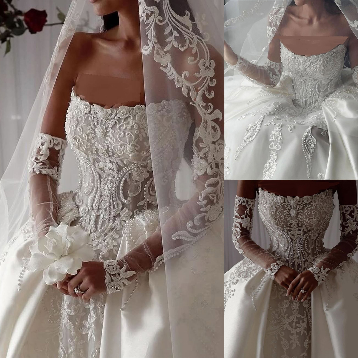 Pearl Beaded Lace Wedding Dresses A Line Strapless Satin Bridal Gowns Princess Style with Lace Gloves Custom Made Garden Castle Dresses