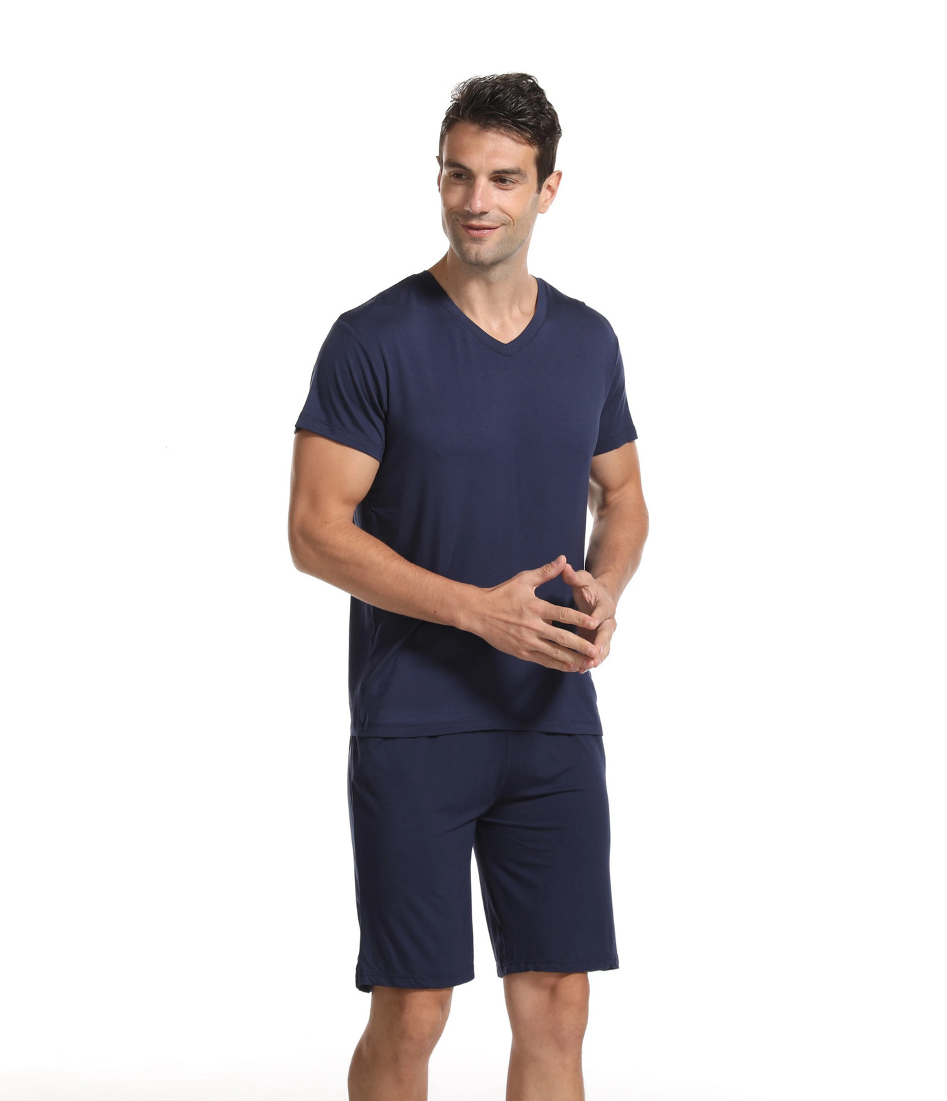 Mens 2-piece Modal Mens Summer Home Set V-neck T-shirt Thin Size Fat Large Short Sleeve Pajama 250410