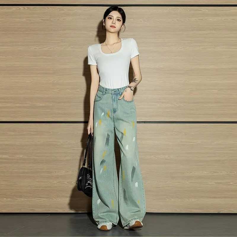 Autumn Fashion Retro Graffiti Womens Jeans Niche Personality Mop Pants High-Waisted Straight Pants Denim Jeans for Woman C251110