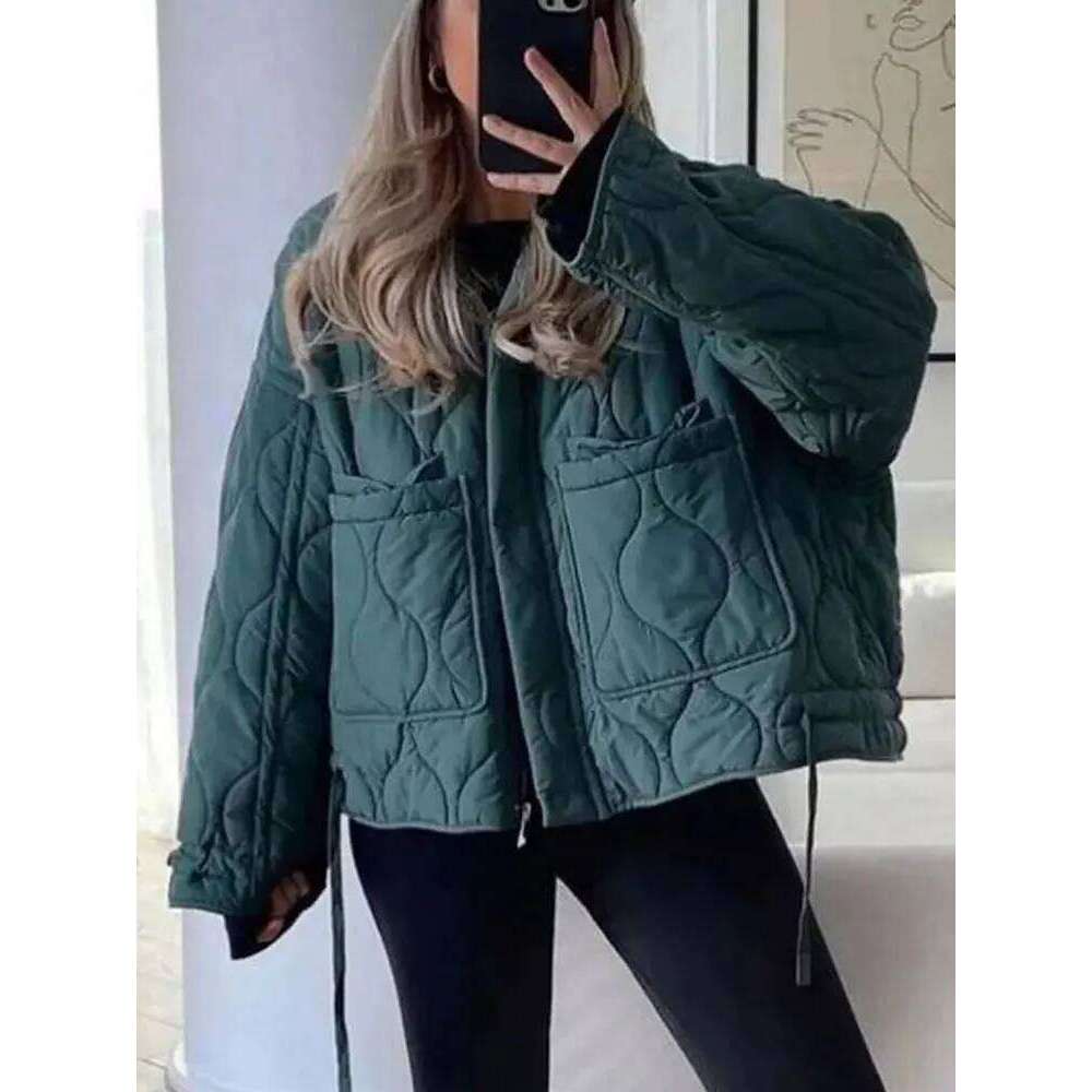 Winter Cotton Retro Solid Color Stand Collar Women's Elegant Large Pocket Quilted Highstreet Jacket