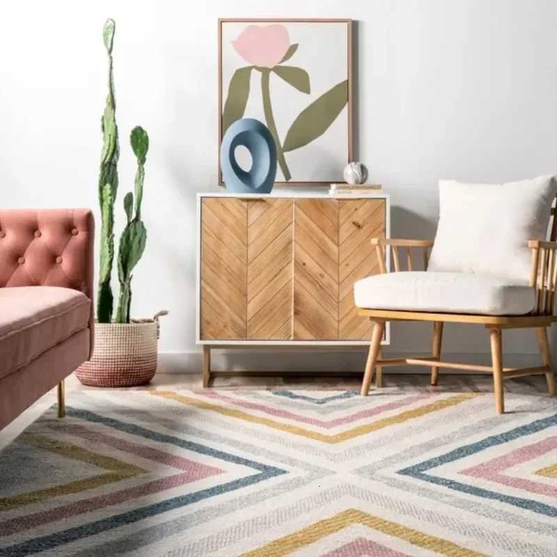 Colorful Stripes Childrens Carpet Living Room Bedroom Childrens Mats Retro Minimst Art Room Rhombus Home Decoration Rugs Y251110