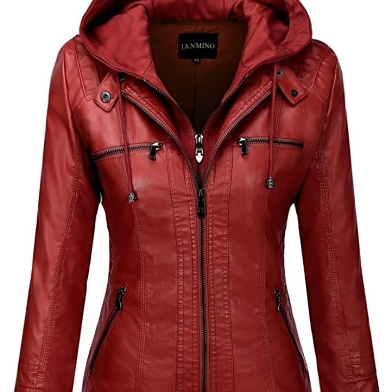 Hooded Leather Jacket TwoPiece Set Removable Large Size for Women Spring Fall Outwear Pu Washed 251105