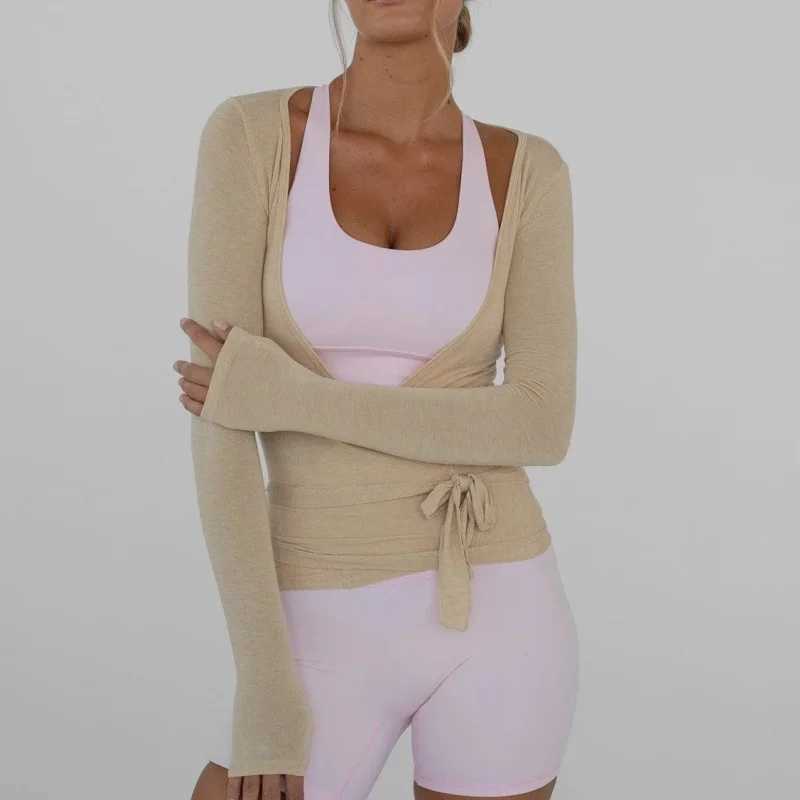 Womens yoga shirt wrapped ruffled tie long sleeved exercise T-shirt sexy deep V-neck slim fit casual cut topXJ250410