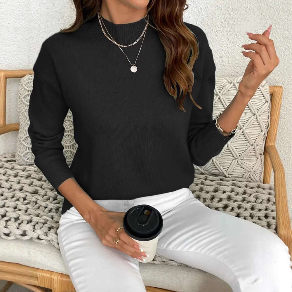 Autumn Winter Half Turtleneck Long Sleeve Sweater Women Cross-Border Foreign Trade Women's Fashion Solid Color Loose Knitted Pullover Top