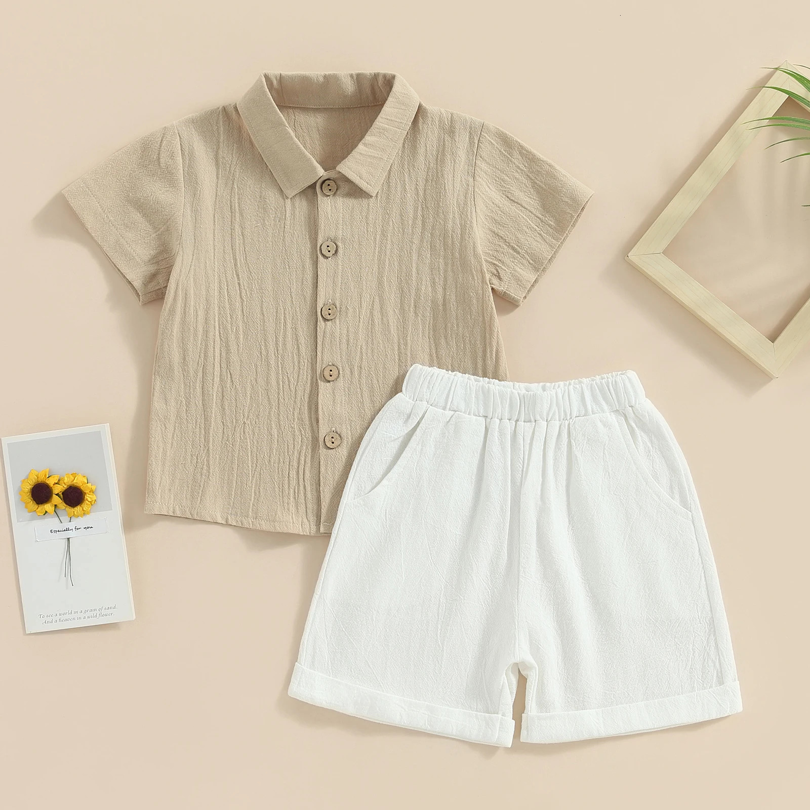 Pudcoco 2 pieces of summer cotton linen dress for toddlers babies boys short sleeved button up collar shirt set baby clothing 6M-4T 250409