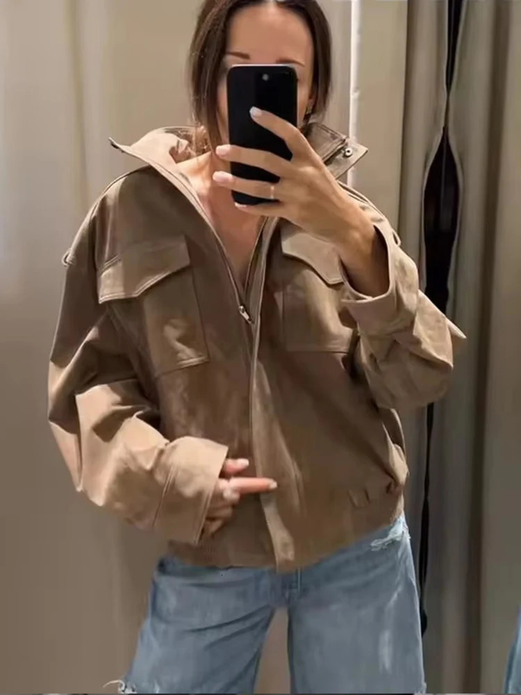 Women Suede Jacket Spring Fashion Long Sleeve Zipper Loose Coat Chic Female High Street Outerwear 251110