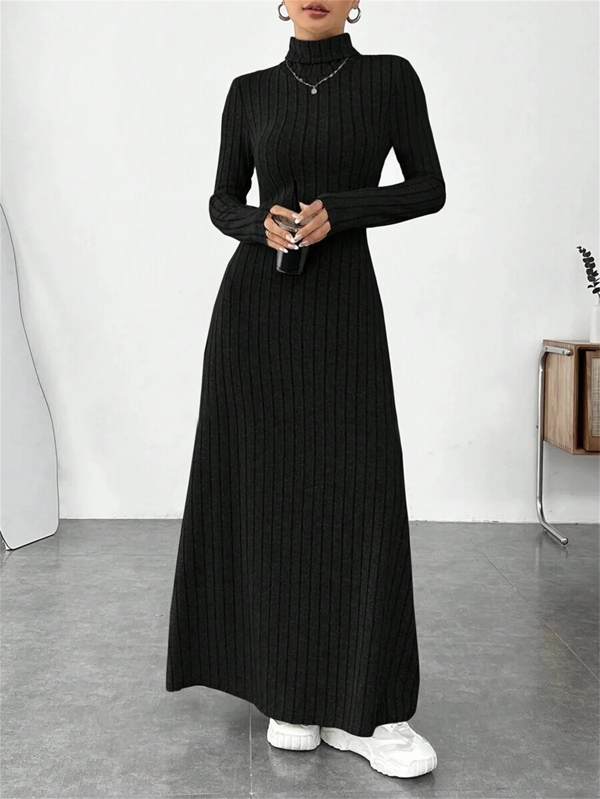 Knitted Elegant Long Sleeve Dress Women Autumn Winter Vintage Dresses Turtleneck Fashion Solid Vestidos Casual Street Y2K 251110