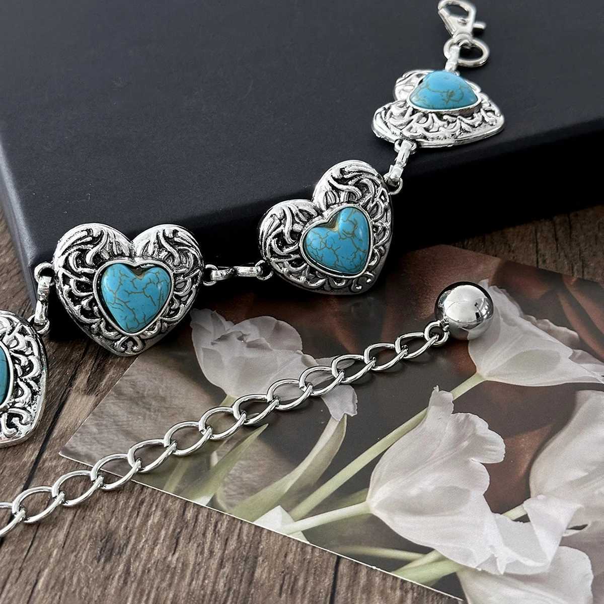 Bohen Retro Love Carved Turquoise Ladies Silver Waist Chain X250410