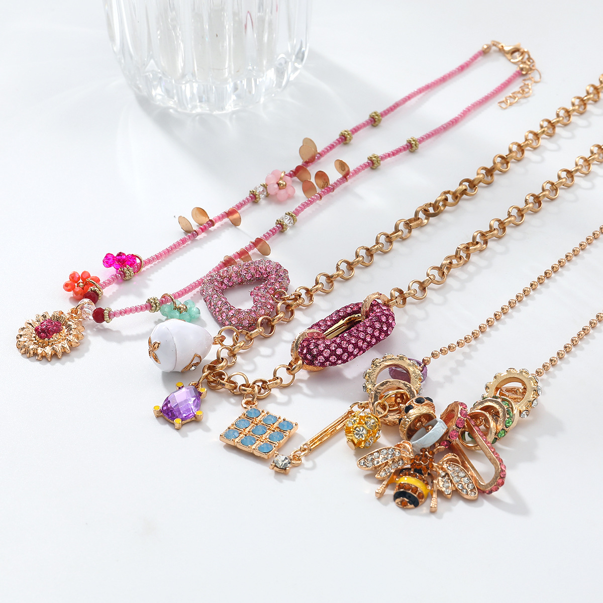 3 Piece Set Of Water Droplet Shaped Heart Shaped Necklace Multi Layer Geometric Necklace Autumn Style Diamond Inlaid Animal Pendant Collarbone Chain