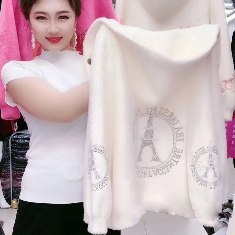 Autumn And Winter Warm Solid Color Thick Hooded Mink Fur Coat With Rhinestone Collar Womens Top Cardigan 251110