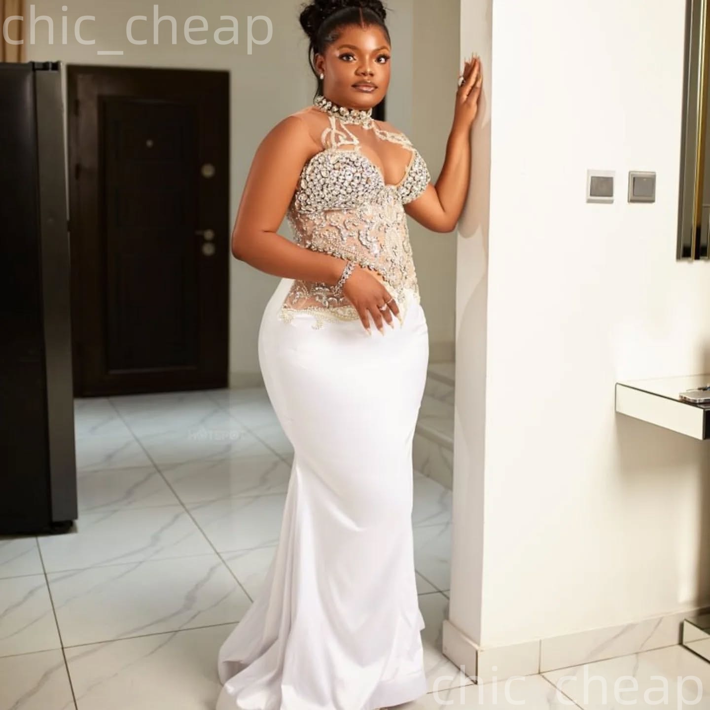 Aso Ebi Ivory Mermaid Prom Dresses 2026 Crystals Beaded Illusion Satin Evening Formal Party Second Birthday Engagement Gowns Plus Size Dress For Speci