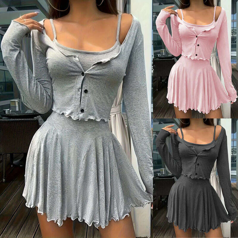 Sweet Spicy Girl for Women Retro Simple Cardigan Jacket Layered Summer Strap Dress Two-Piece Set European and American Style