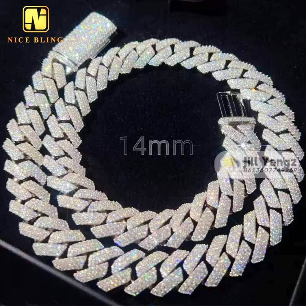 14mm Monaco Chain 3 Rows Hip Hop Rock Sier Moissanite Cuban Bracelet Gold Plated Necklace
