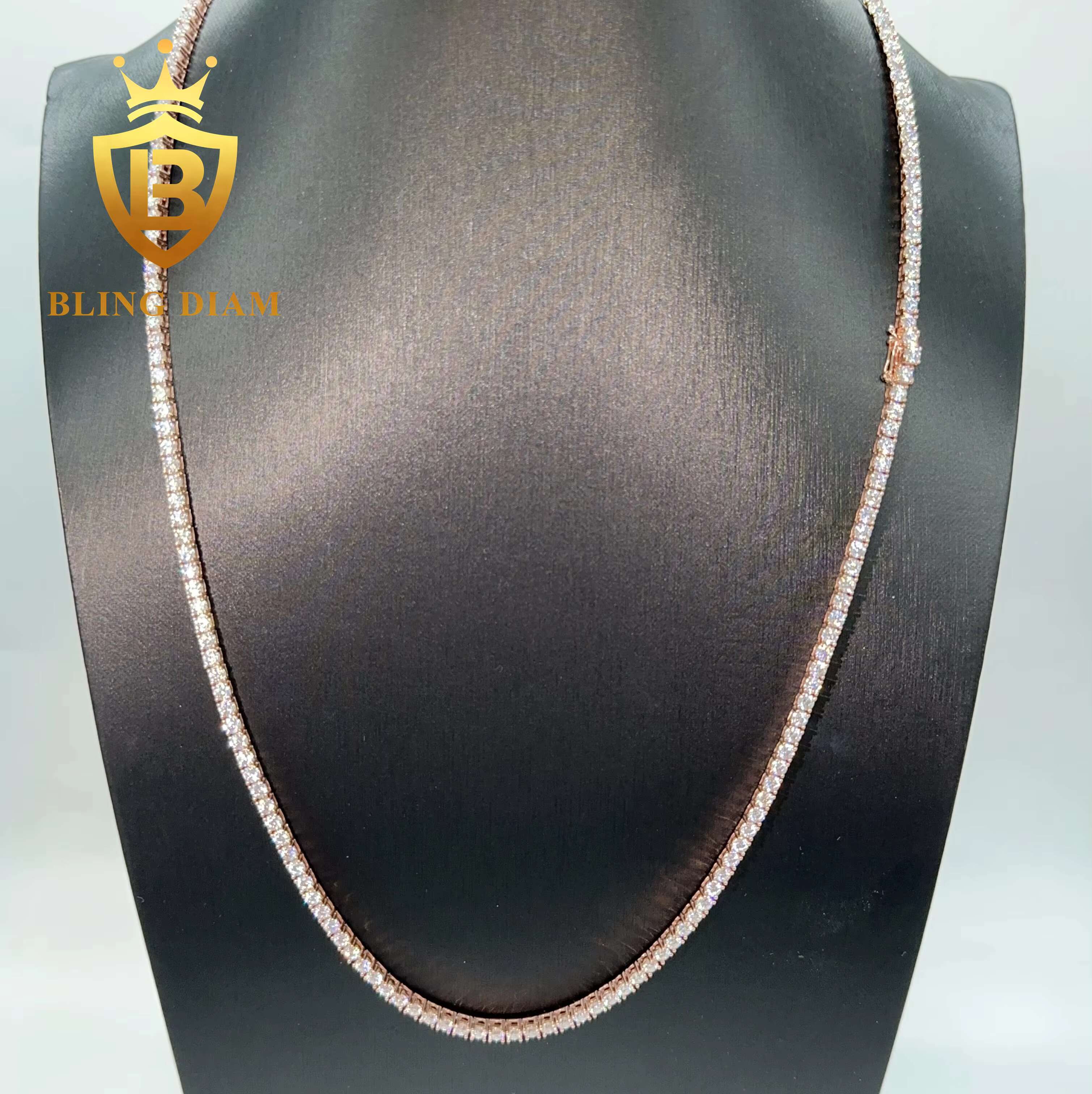Hip Pop Jewelry 3mm 10k 14k Real Solid Rose Gold Vvs Moissanite Jewelry Chain Tennis Chain
