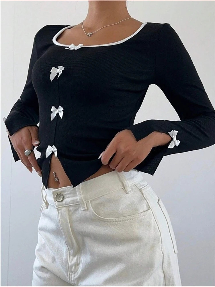 Heliar Womens Bow Stickers Tshirt Cute y2k Cut Top Ultra Thin Long Sleeve Spring Clothing Zipper 250407