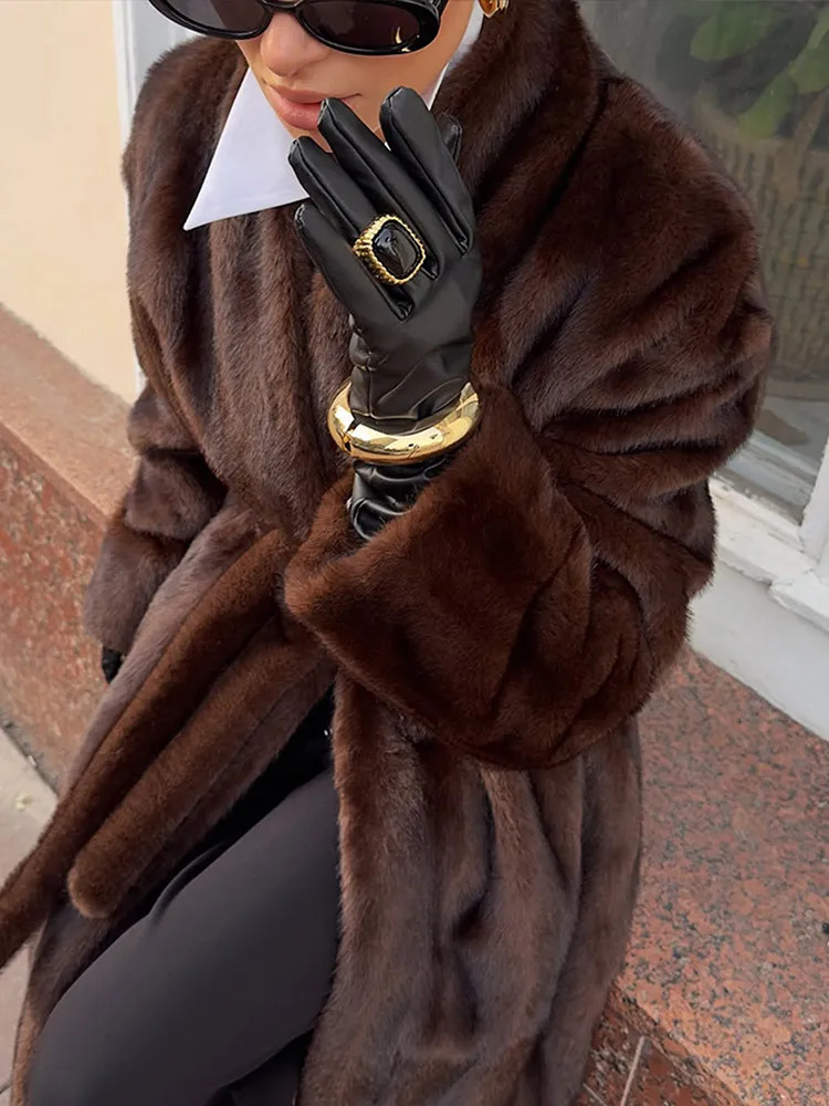 Women Casual Brown Faux Fur Coat Turtleneck Full Sleeve Fluffy Loose Striped Long Coats Lady Winter Daily Street Lace Up Jacket 251110