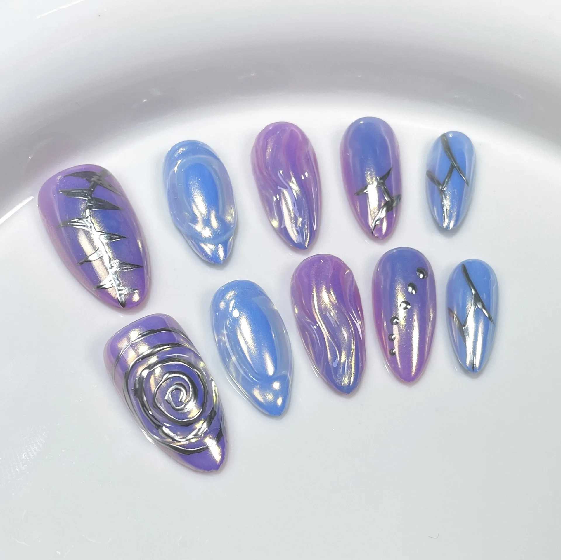 0 pieces of blue powder blusher halo embossed wave false nails Metal bow sweet hand almond pressed on nails W250410
