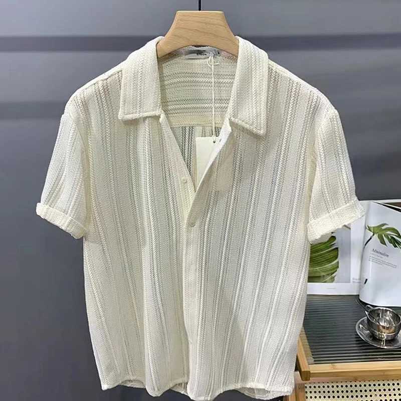 Summer Knitted Hollow Short Sleeve Mens Thin Breathable Trend Ruffle Handsome French Luxury Dress Hawaiian Mens Shirt X250410