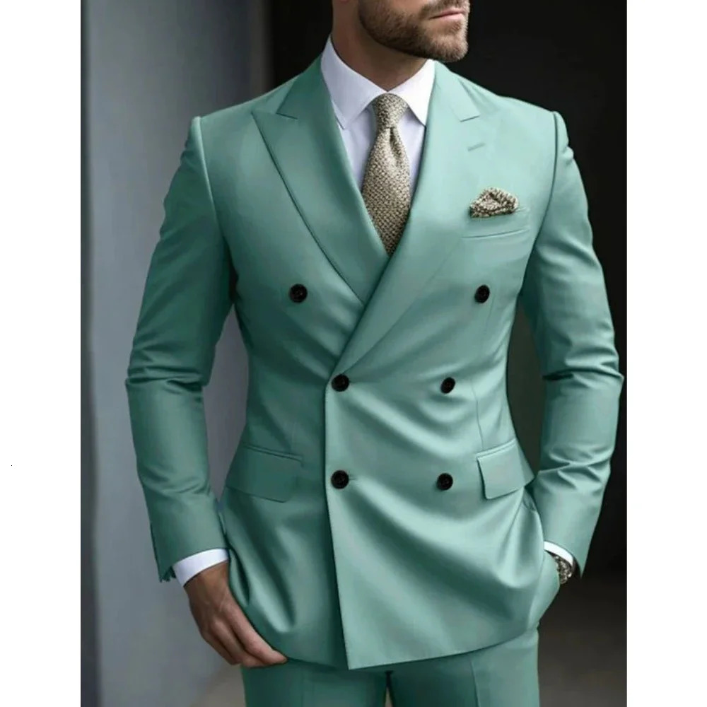 Mint Green Double Breasted Mens Suits Six-buttons 2 Piece Set Blazer Pant Custom Made Wedding Tuxedos Male Prom Party Suits 250409